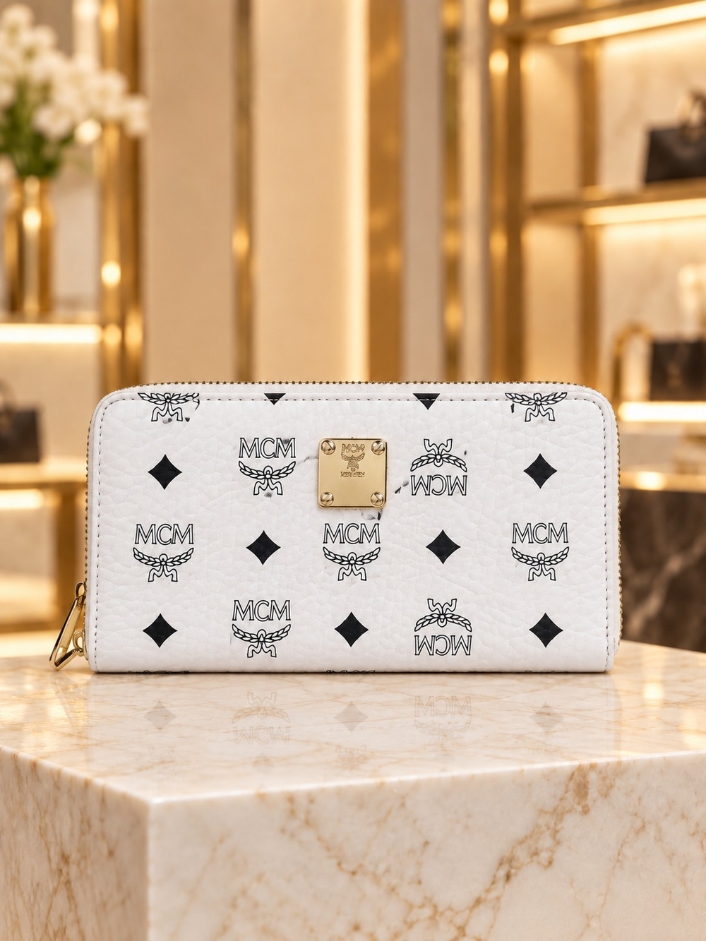 White Logo Zip-Around Continental Wallet with Gold Plaque